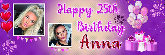 Purple and Pink Happy 25th Birthday Banner for Anna with Balloons